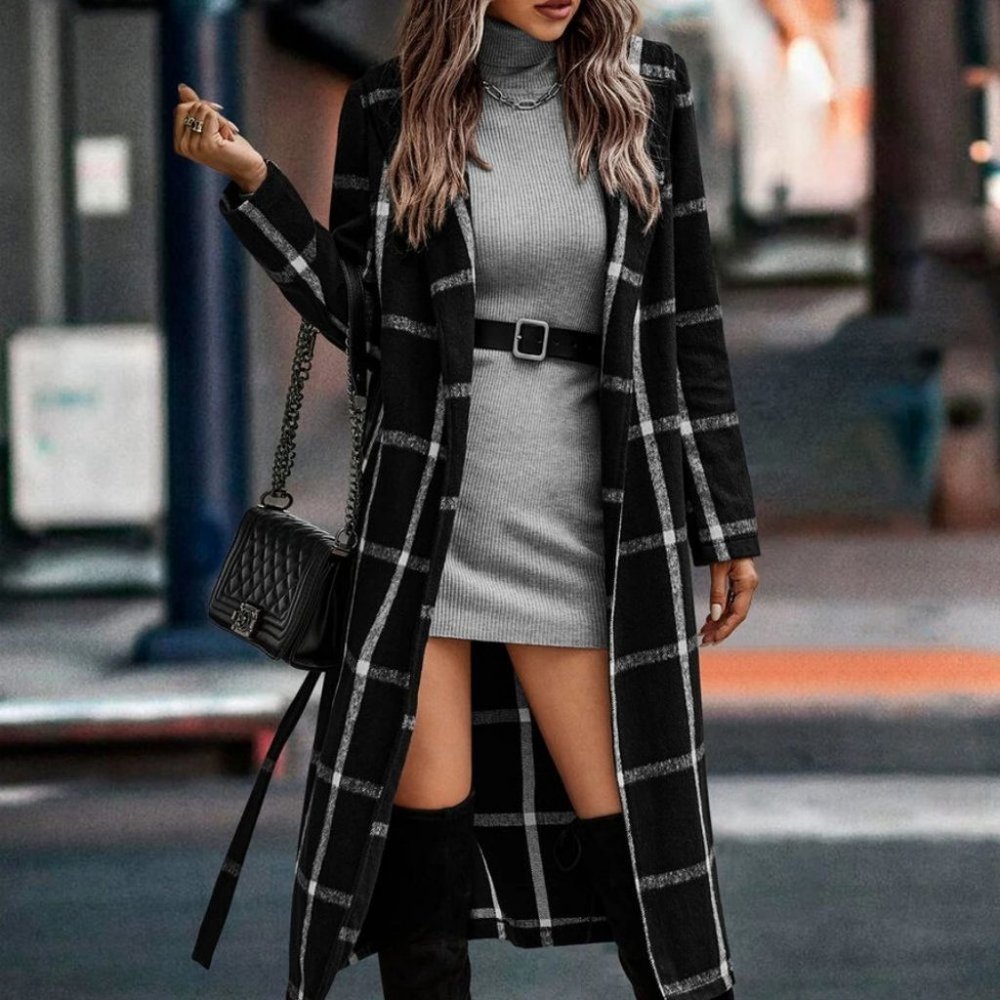 Contemporary Black white Plaid Print Shawl Collar Belted Overcoat Jacket Coat - Picture 4 of 7